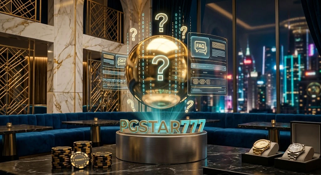 A high-resolution 3D visualization of a premium PGSTAR777 VIP information lounge with glowing gold and cyan lights and dynamic holographic FAQs.