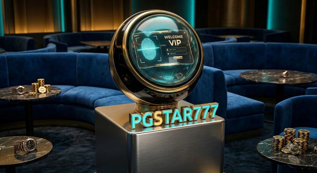 ภาพปก 3D หรูหราแสดงแท่นลงทะเบียนดิจิทัล VIP ของ PGSTAR777 ในคาสิโนพรีเมียม พร้อมระบบสแกนลายนิ้วมือความปลอดภัยสูง