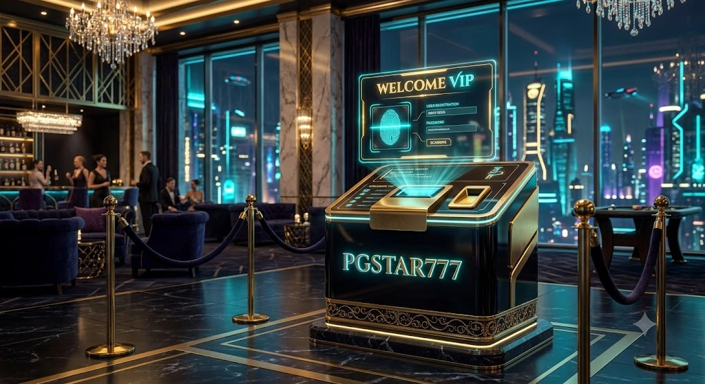 ภาพ 3D จำลองแท่นลงทะเบียน VIP ของแพลตฟอร์ม PGSTAR777 ที่แสดงถึงความหรูหราและเทคโนโลยีความปลอดภัยขั้นสูงระดับสากล